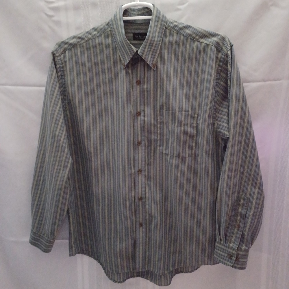 Van Heusen Button Down Shirt Mens M Blue Green Striped Long Sleeve Casual Office